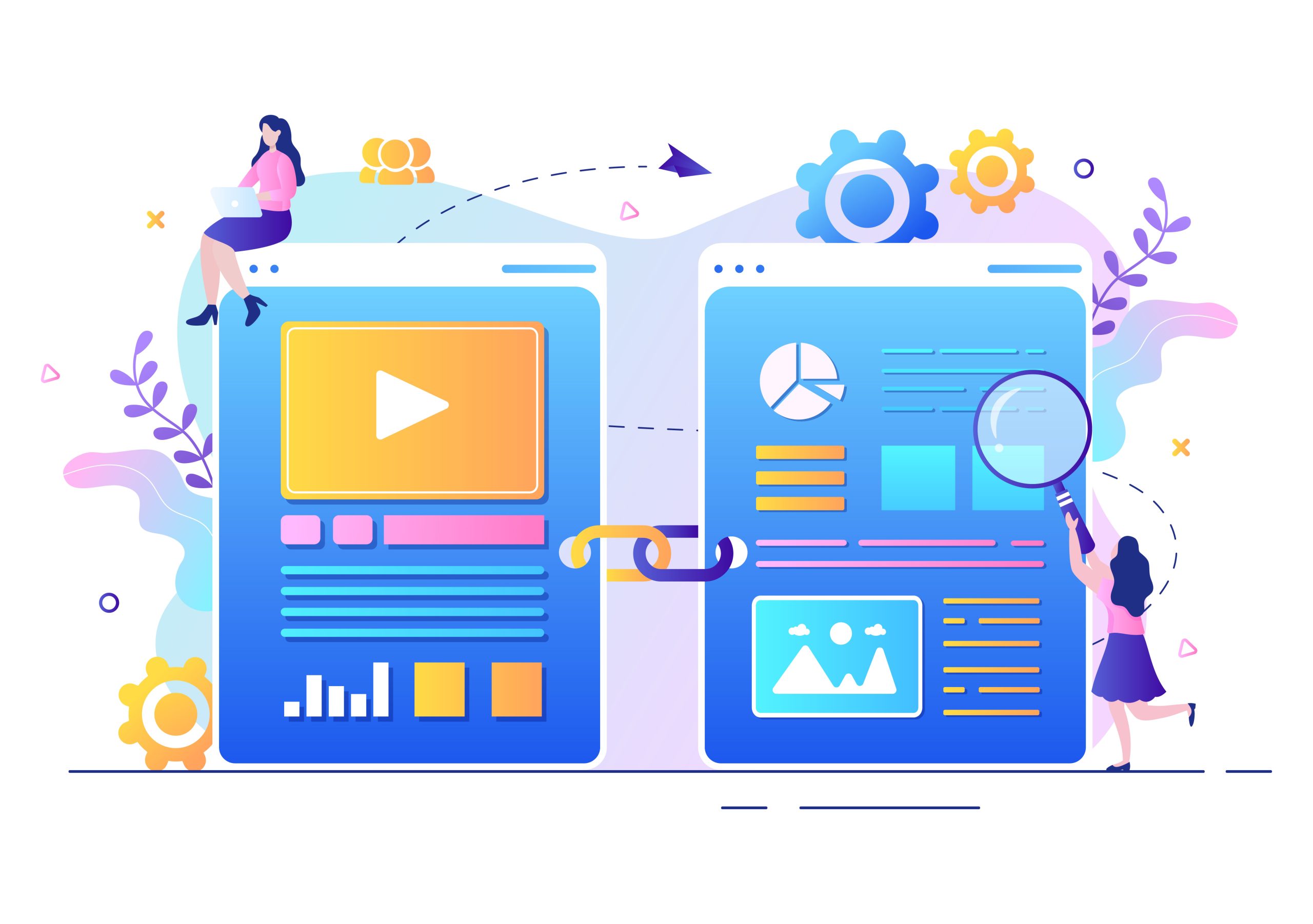 SEO Link Building as Search Engine Optimization, Marketing and Digital for Home Page Development or Mobile Applications Vector Illustration