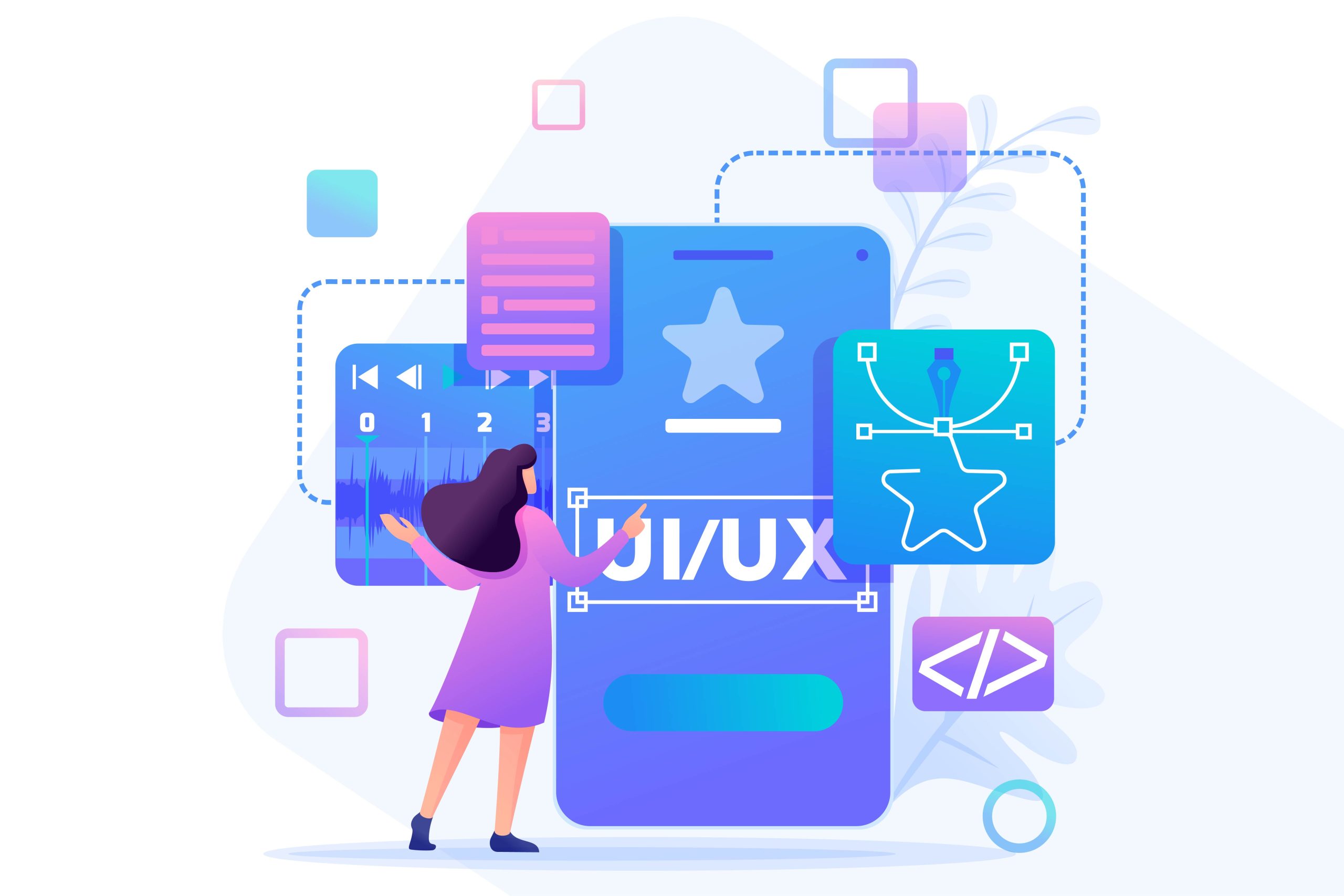 Young woman creates a custom design for a mobile application, Ui UX design. Flat 2D character. Concept for web design